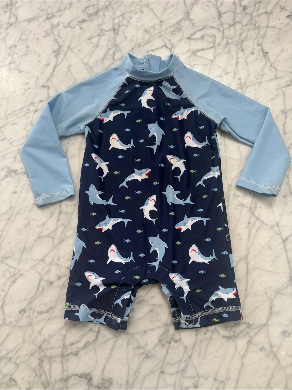 Boys Shark Print Long Sleeve Rash Guard Shortie Swim Romper, Blue Sz 24 Mo